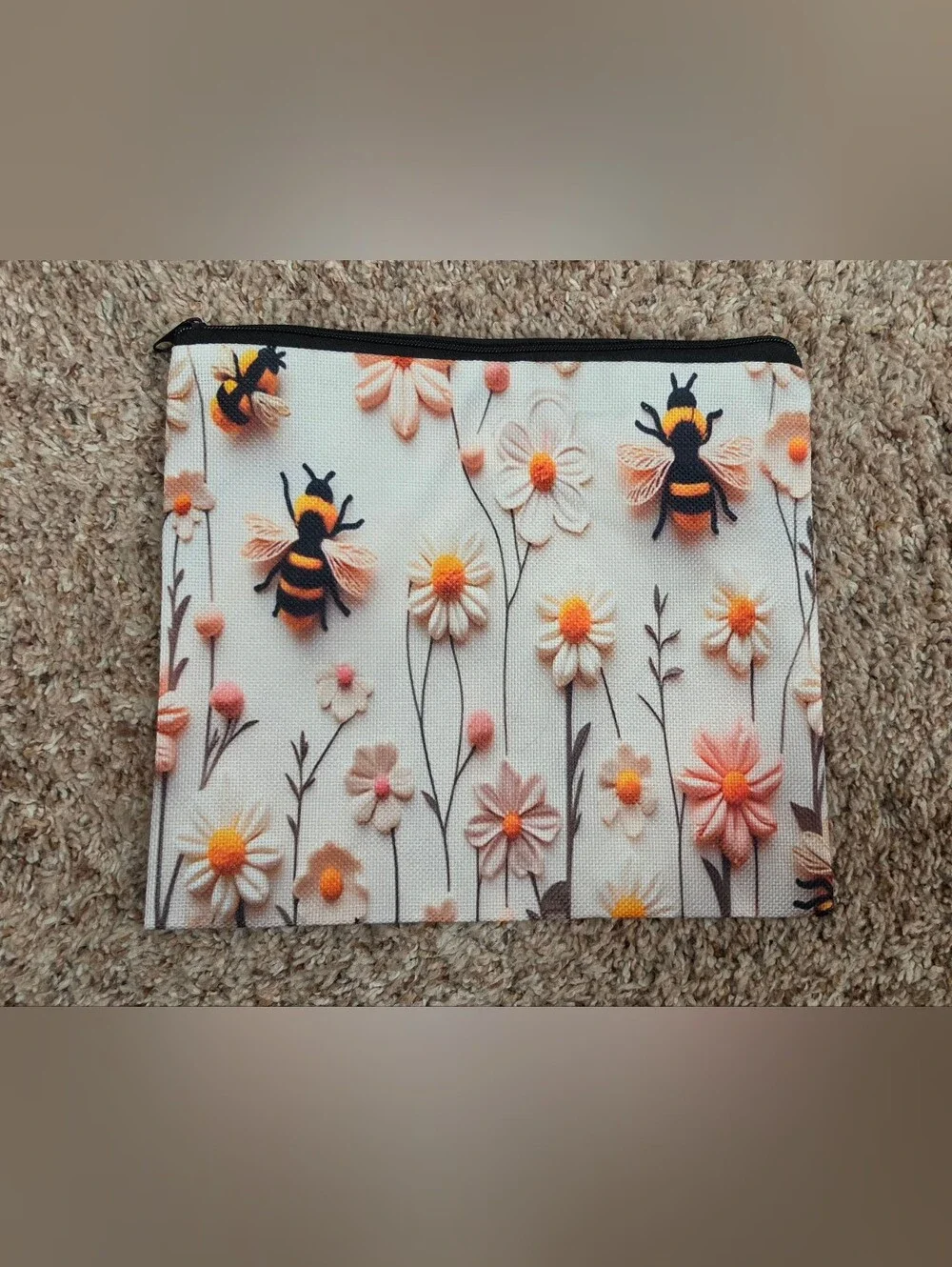 2D Bee & Daisy Floral Makeup Bag with Secure Zipper Closure  New